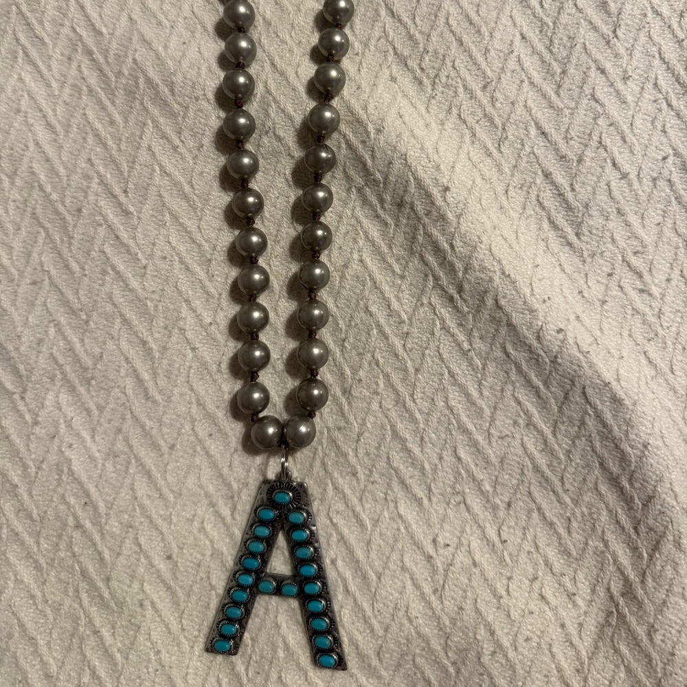Silver Beaded Necklace with Turquoise Pendant